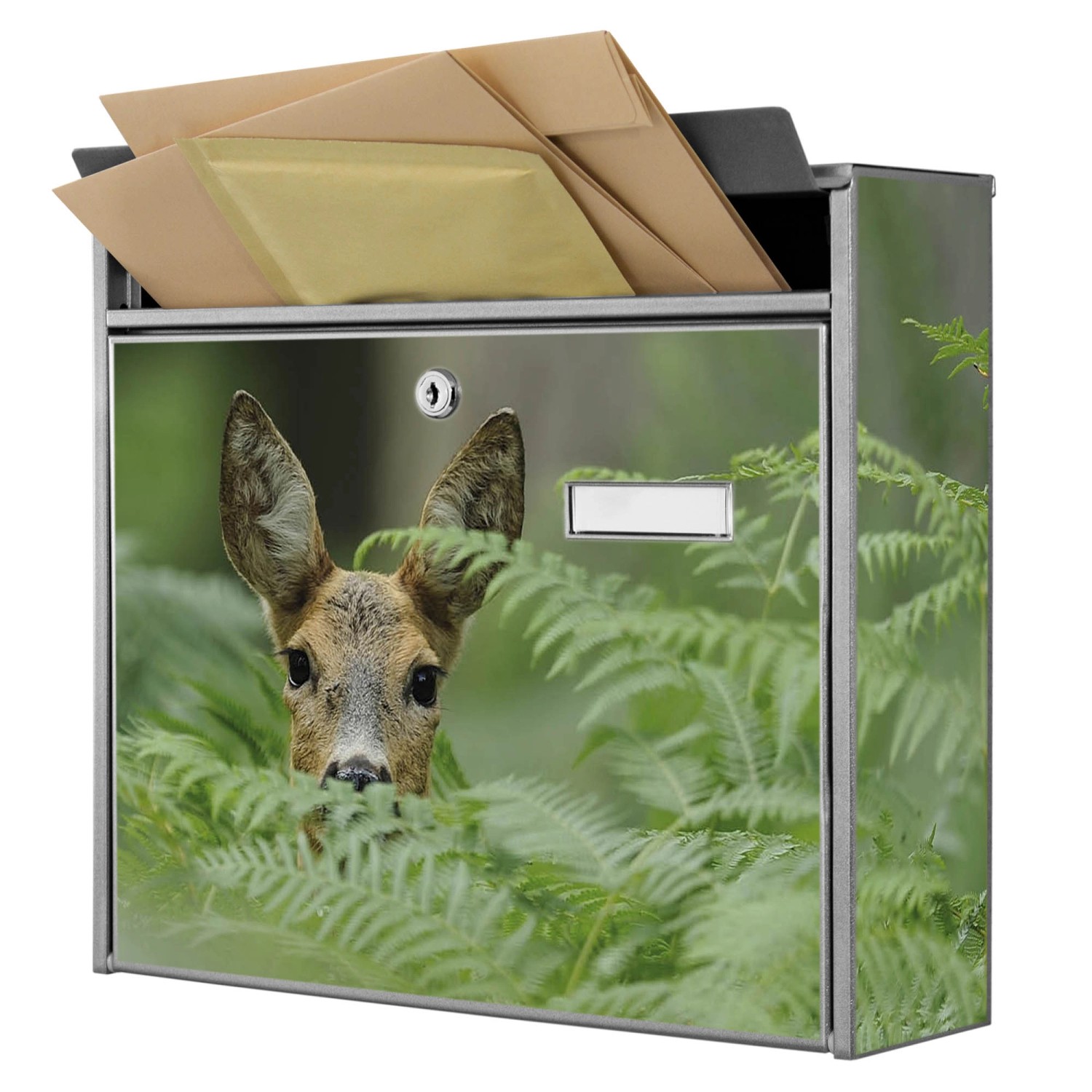Silberner Banjado Briefkasten mit Reh-Motiv, gefüllt mit Briefen. Inklusive Montagematerial und Schlüsseln.