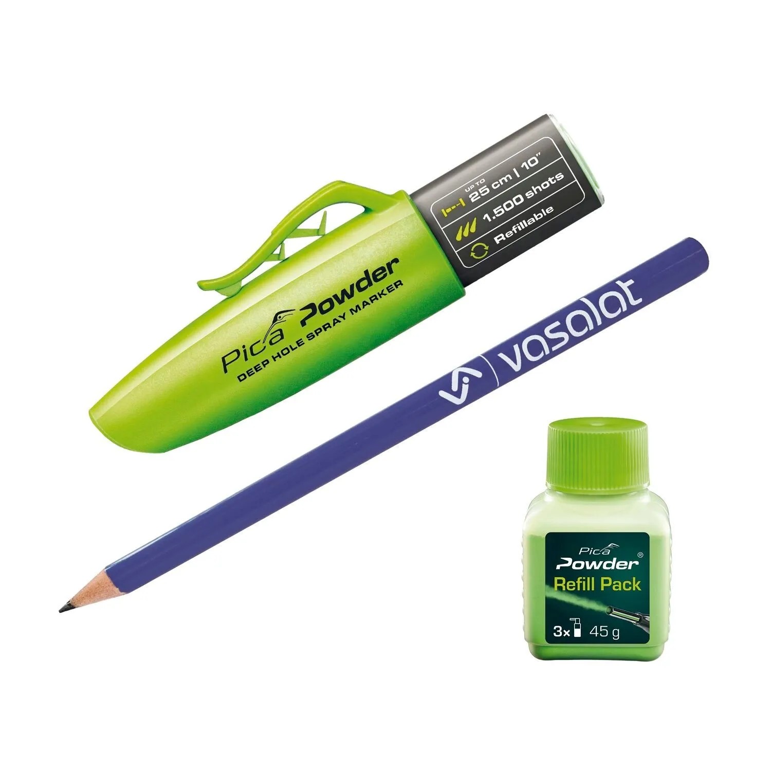 vasalat Set Pica Powder Bohrloch-Spraymarker Set, 1500 Sprühstöße mit Nachfüllpulver 45g