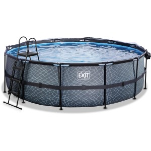 Grauer EXIT Stone Pool Ø450x122cm mit Leiter, Sandfilterpumpe und Abdeckung.