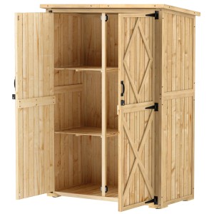Offener Gartenschrank aus Tannenholz mit Regalen für Werkzeuge und Gartenzubehör.