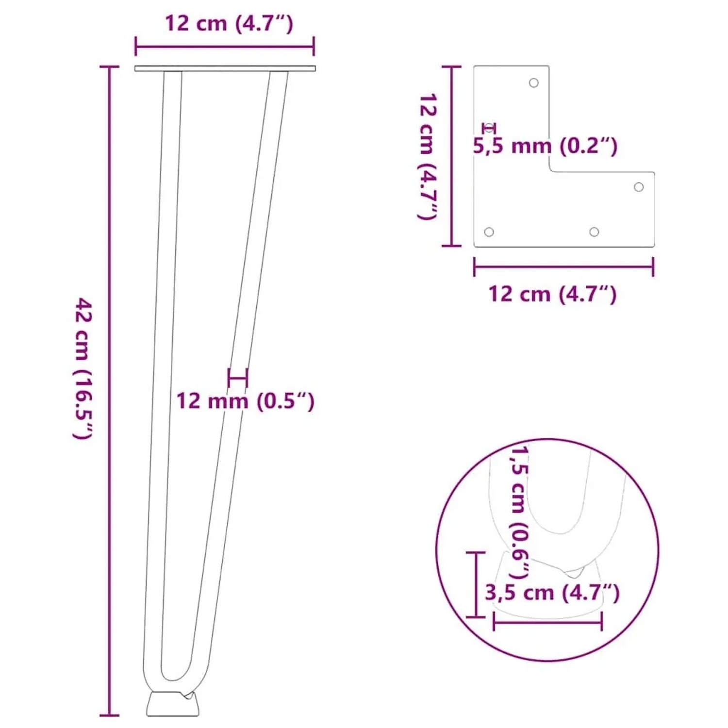 Skizze: vidaXL Haarnadelbeine für Couchtisch, 42cm, Maße und Details.