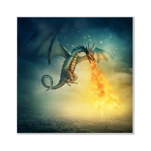 Weiße Banjado Magnettafel 50x50 cm mit Drachen Motiv und 4 Magneten. Wanddekoration für Notizen.