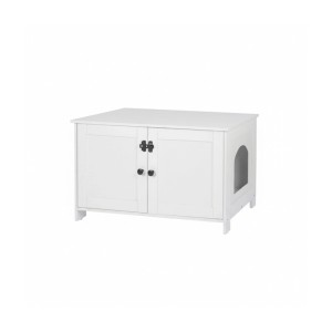 Weißer Katzenschrank aus MDF mit zwei Türen, schwarzen Griffen und seitlichem Katzen-Eingang für diskrete Katzentoilette.