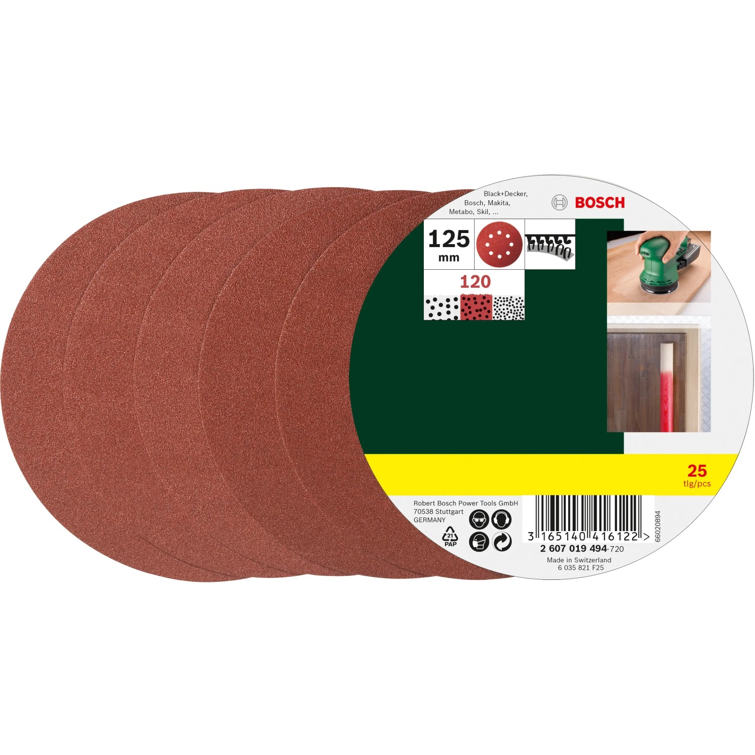Bosch Schleifblatt-Set K120, Ø 125 mm, 25 Stück für Exzenterschleifer.