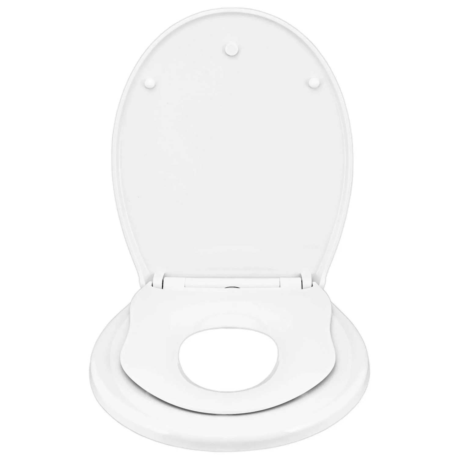 Weißer Banjado Familien WC-Sitz mit Absenkautomatik und integriertem Kindersitz, Motiv Trockenes Holz.