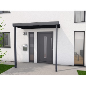 Modernes Gutta Rechteckvordach BS PLUS in Anthrazit, 250x125 cm mit zwei Pfosten und Ablauf links.