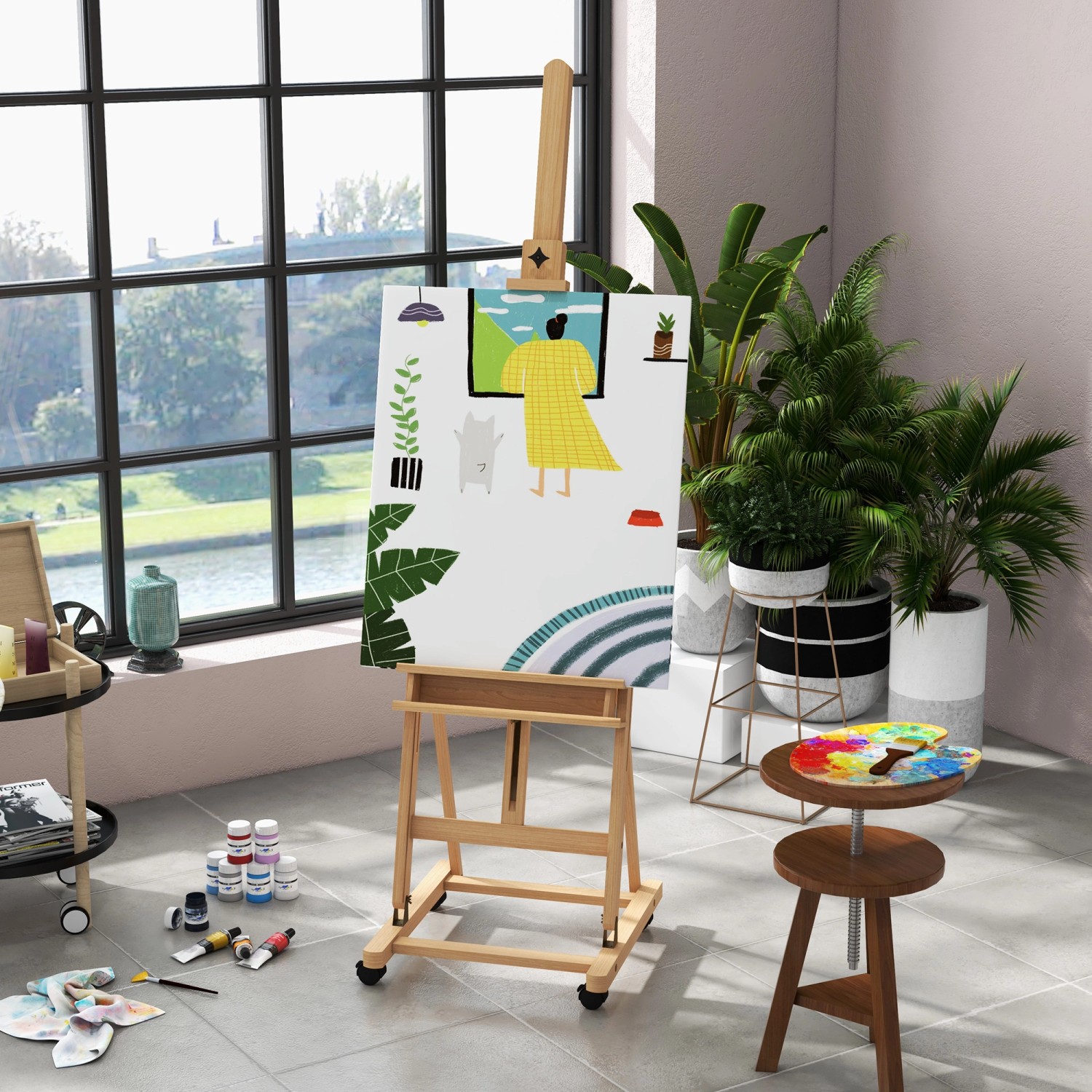 Klappbare Vinsetto Staffelei aus Buchenholz mit Halterung und verstellbarer Höhe.