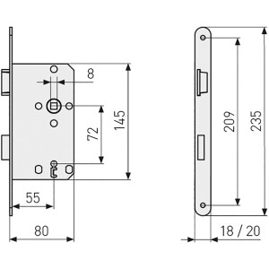 Technische Zeichnung: Abus Zimmertür-Einsteckschloss, Edelstahl, Buntbart, DIN L, Stulpmaß 18 mm.