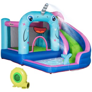 Outsunny aufblasbare Hüpfburg Wasserpark für Kinder, mit bunter Rutsche, Narwal-Design, Wassersprühfunktion und Gebläse.