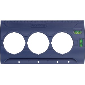 Lux Trockenbauschablone Classic Ø 68 mm zum Anzeichnen von 3 Steckdosen, mit Wasserwaage und Lineal.