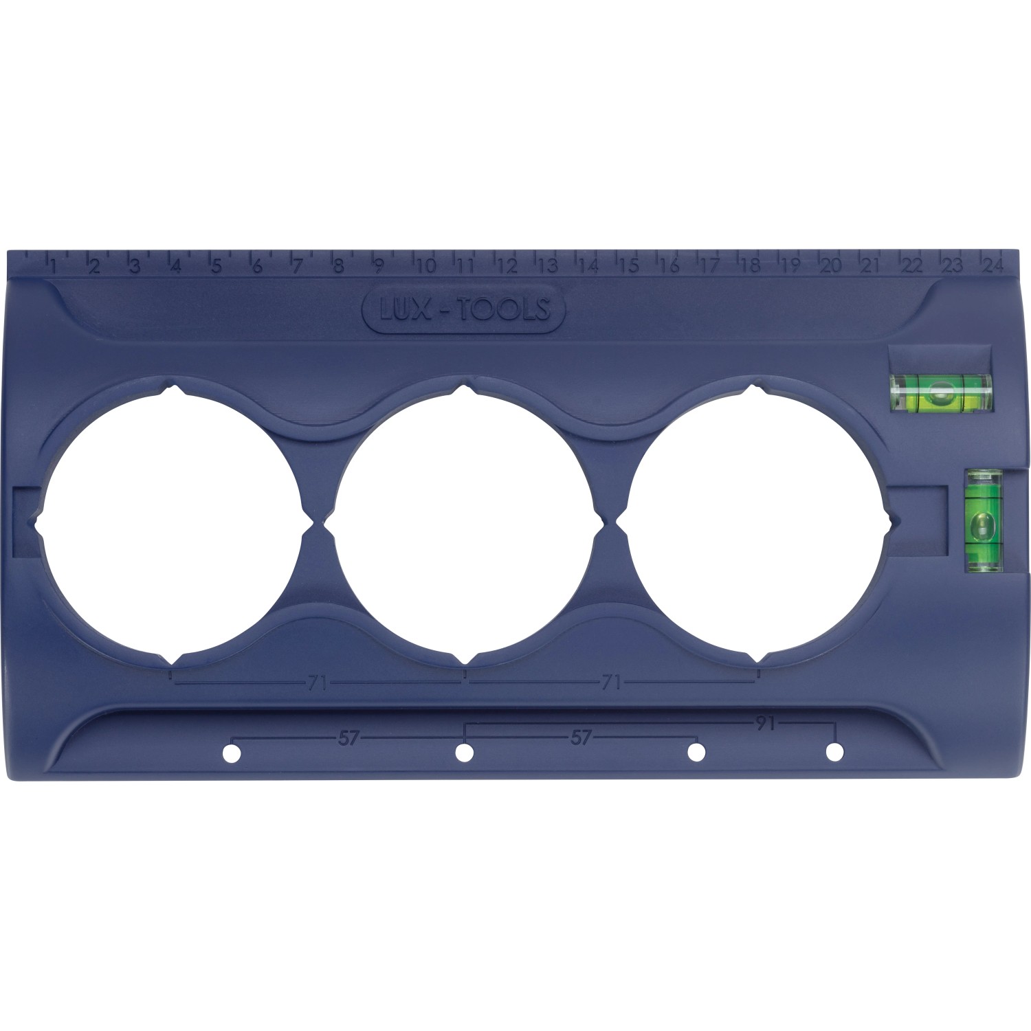 Lux Trockenbauschablone Classic Ø 68 mm zum Anzeichnen von 3 Steckdosen, mit Wasserwaage und Lineal.