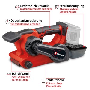 Einhell Akku-Bandschleifer TP-BS 18/457 Li BL Solo mit Staubfangbox und Schleifbändern.