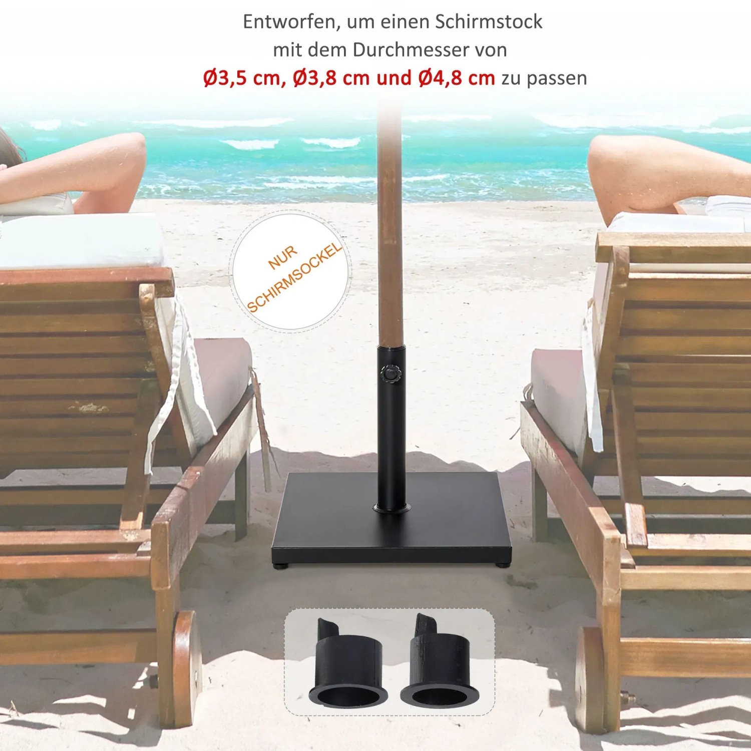 Outsunny Schirmständer aus Metall, schwarz, mit Adaptern für verschiedene Schirmstockdurchmesser.