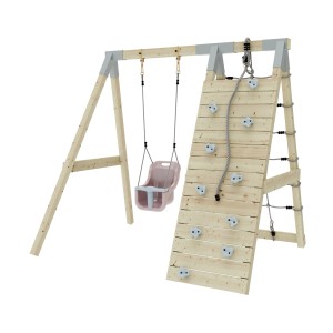 PolarPlay Klettergerüst Schneehase altrosa mit Schaukel und Kletterwand aus Holz.