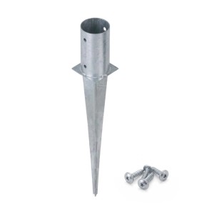 HOLLMAX verzinkte Einschlaghülse für 81mm Rundpfosten, mit spitzem Ende und Schrauben. Robuster Pfostenträger.