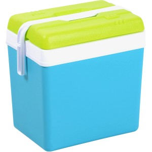Türkisblaue EDA Kühlbox mit grünem Deckel, 24 Liter Volumen. Ideal für Camping und Ausflüge.