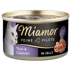 Miamor Katzen-Nassfutter, feine Filets Thunfisch & Calamari in Jelly, 100g Dose.