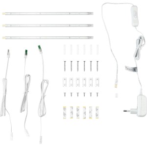 LED-Lichtleiste 3er-Set Weiß mit Zubehör zur Montage der LED-Unterbauleuchten.