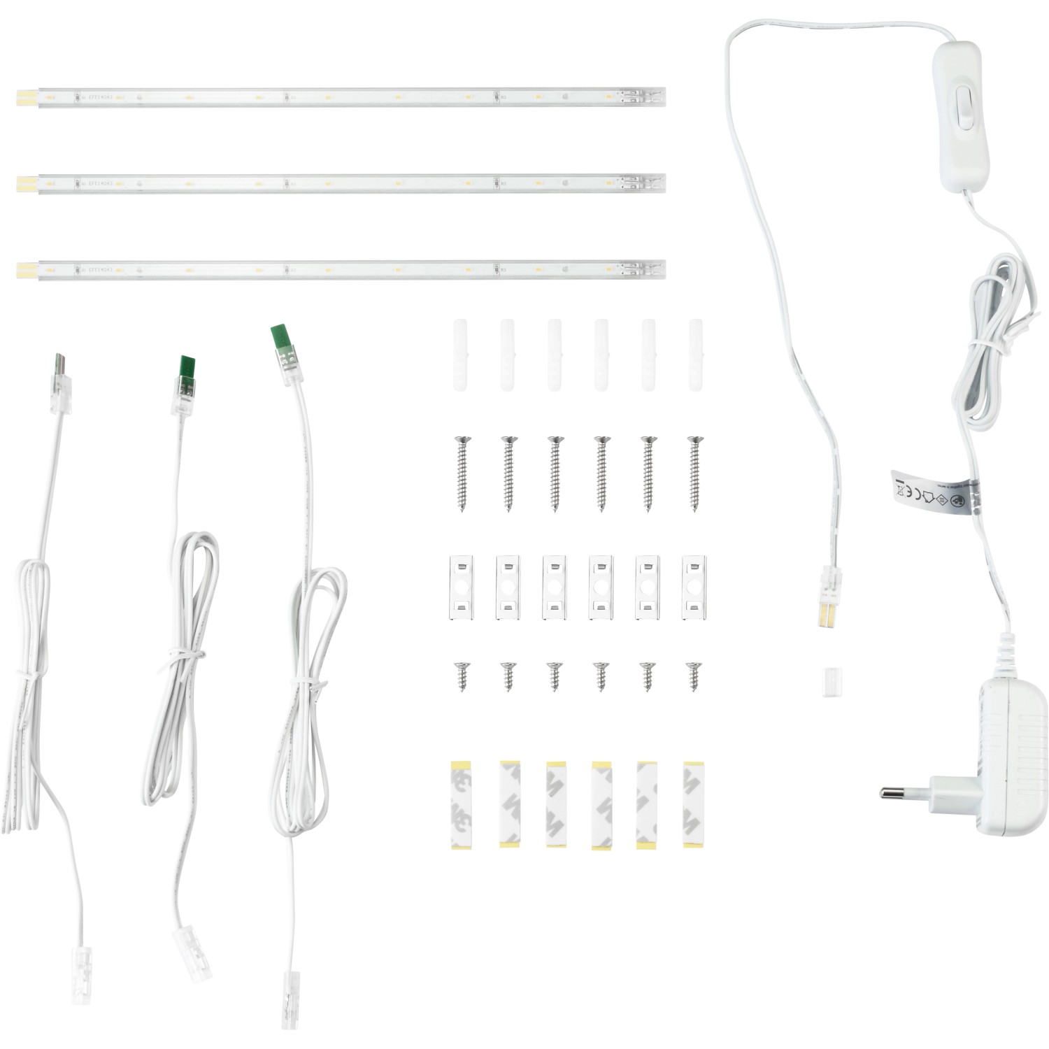 LED-Lichtleiste 3er-Set Weiß mit Zubehör zur Montage der LED-Unterbauleuchten.