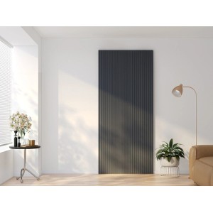 Schwarze Vente-unique Lorvisa Schiebetür 93x210 cm mit vertikal gestreifter Oberfläche in modernem Wohnraum.