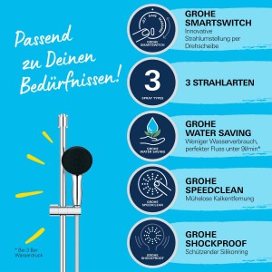 Grohe Vitalio Start 110 Brausestangenset mit 3 Strahlarten und Produktvorteilen.
