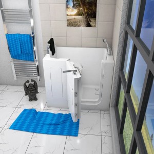 AquaVapore Sitzbadewanne mit Tür, Senioren Wanne 110x68cm, Tür geöffnet, Handbrause und Nackenstütze