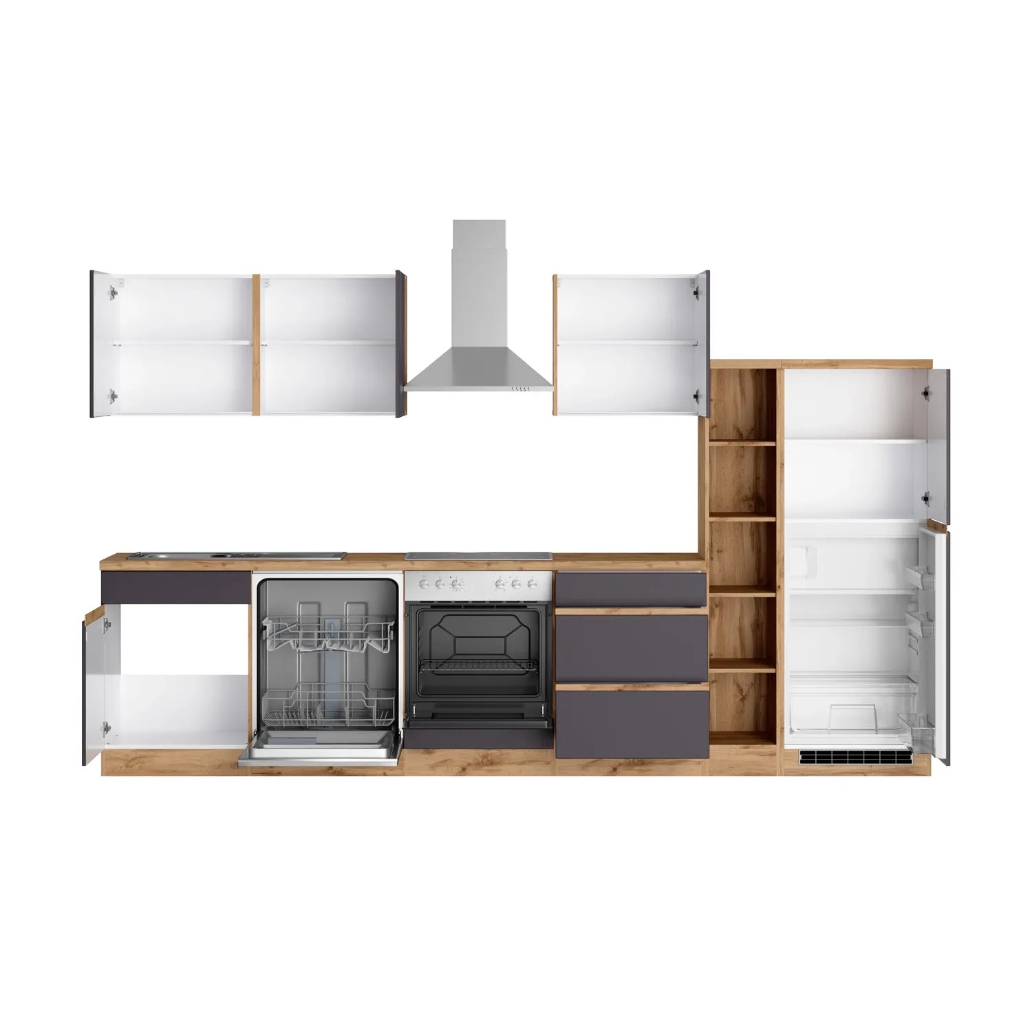 Moderne Held Möbel Küchenzeile Turin, 330 cm, Graphit-Wotaneiche mit E-Geräten: Kühlschrank, Herd, Spüler, Dunstabzugshaube.
