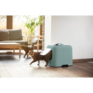 Rotho Katzentoilette Biala in Mistletoe Green mit Katze beim Verlassen des Katzenklos.