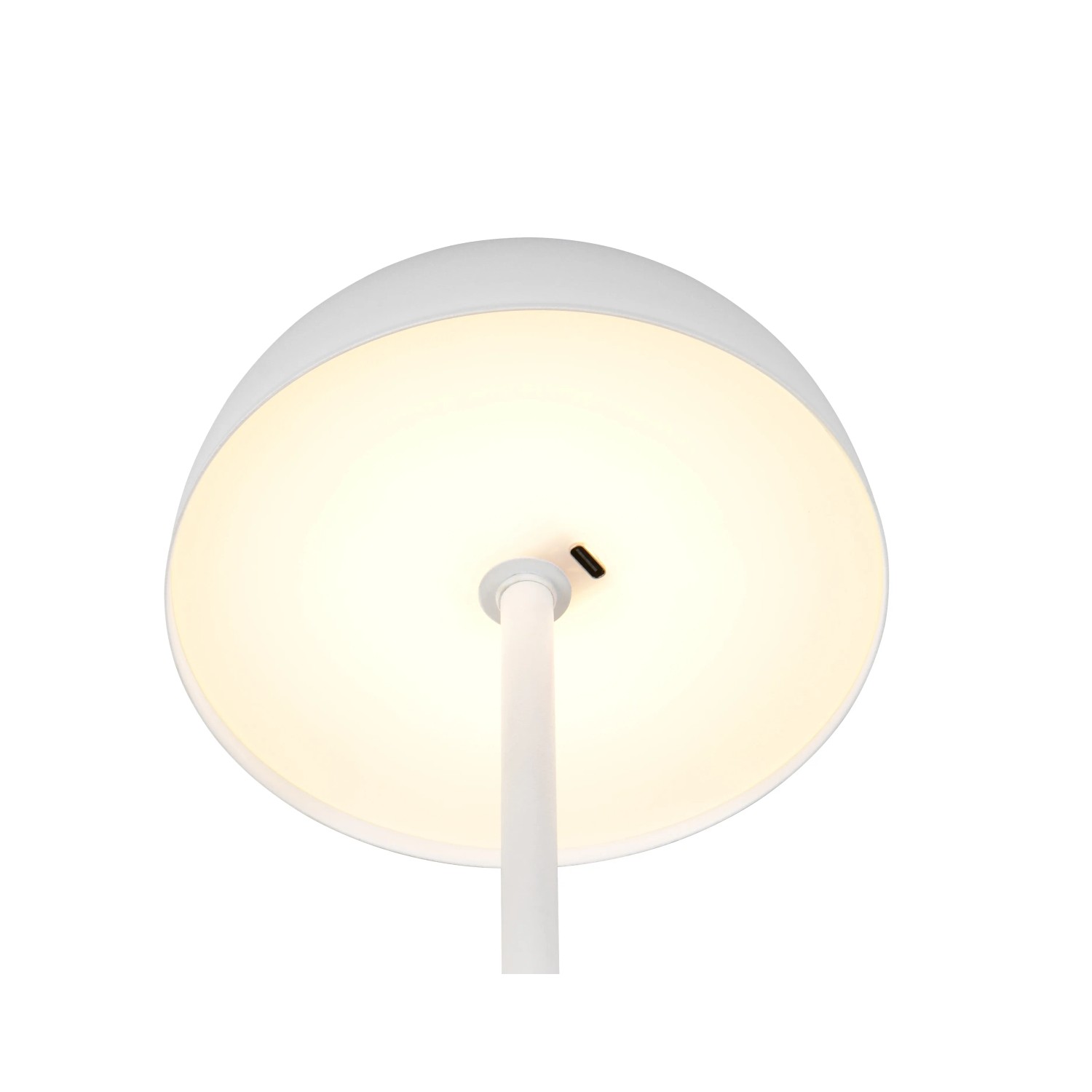 Nahaufnahme der weißen Reality LED-Tischleuchte Munoz, Ø 13 cm, mit warmweißem Licht.