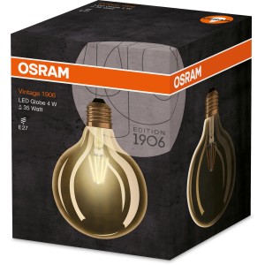 Verpackung einer Osram E27 LED Globe Lampe, 4W, extra warmes Licht, goldfarben.