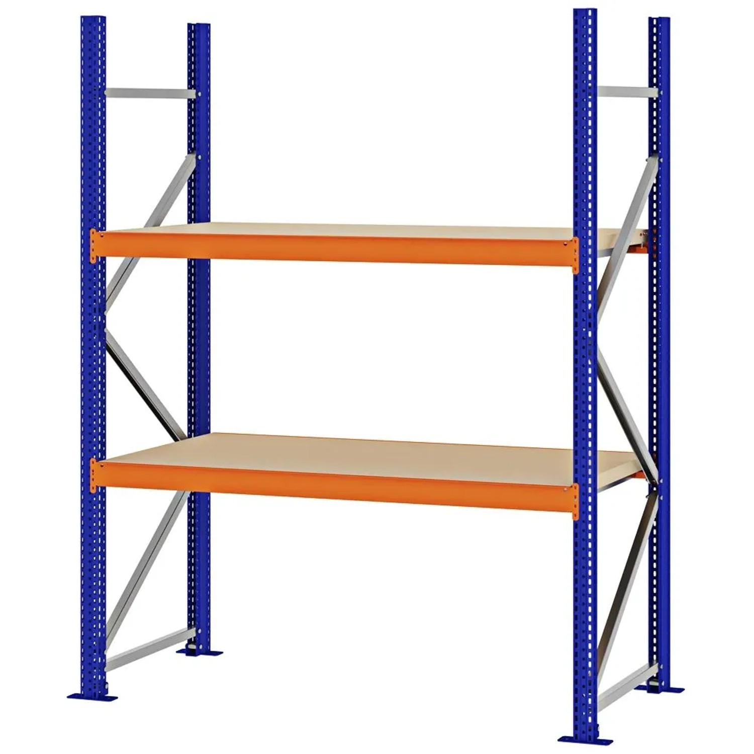 PROREGAL Weitspannregal Schraub-Stecksystem MAGNUS PRO Made In Germany Grundregal 200x150x60cm 2 Ebenen Spanplattenböden Fachlast 750kg Blau/Orange