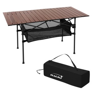Hauki Campingtisch, faltbar, braun, 118x55x64,5 cm, mit Tasche und Netzablage.