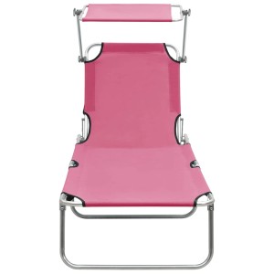 Klappbare, rosa Sonnenliege mit Sonnendach aus Stahl, ideal für Garten und Camping.