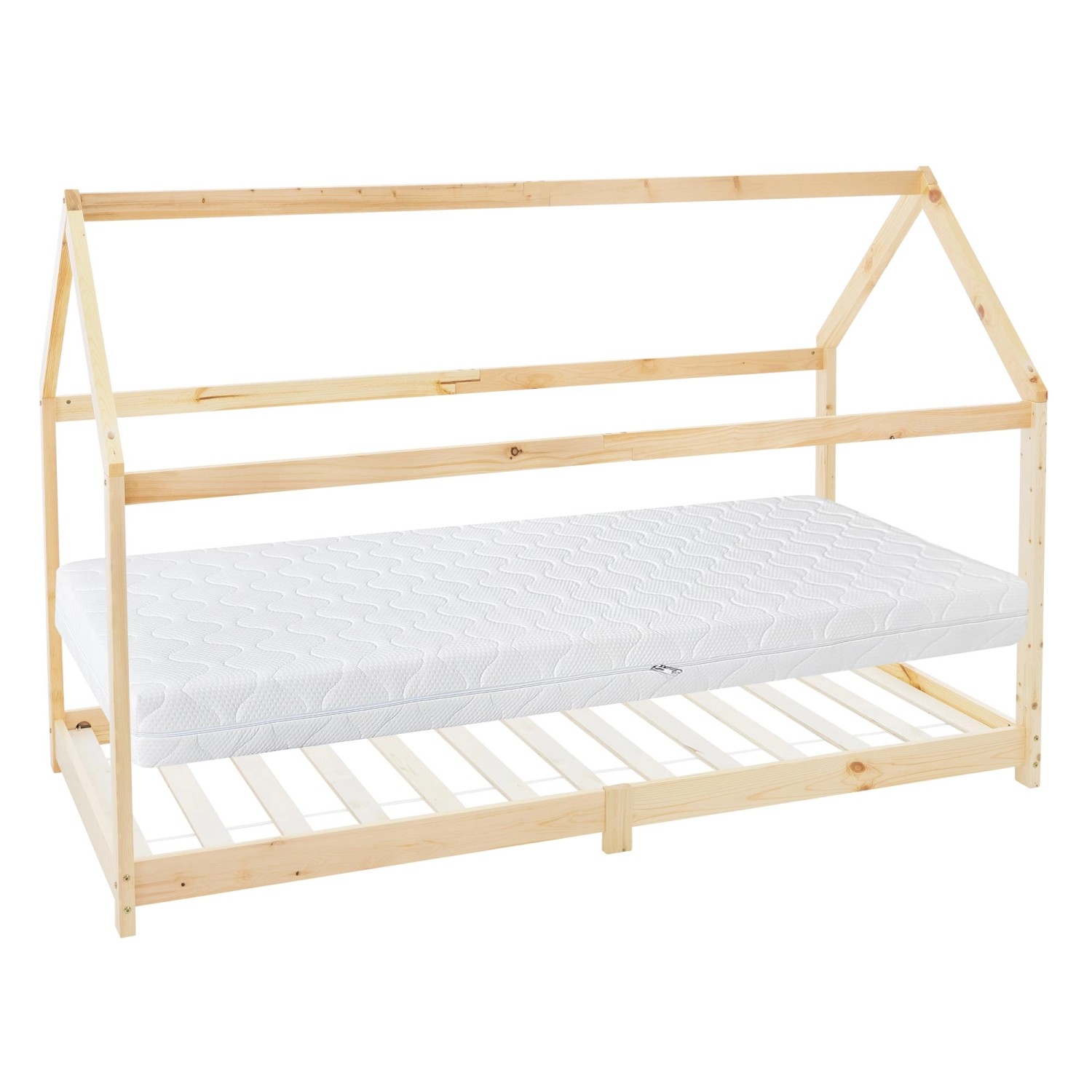ML-Design Kinderbett 90x200cm Natur mit Matratze H16cm Dach Lattenrost