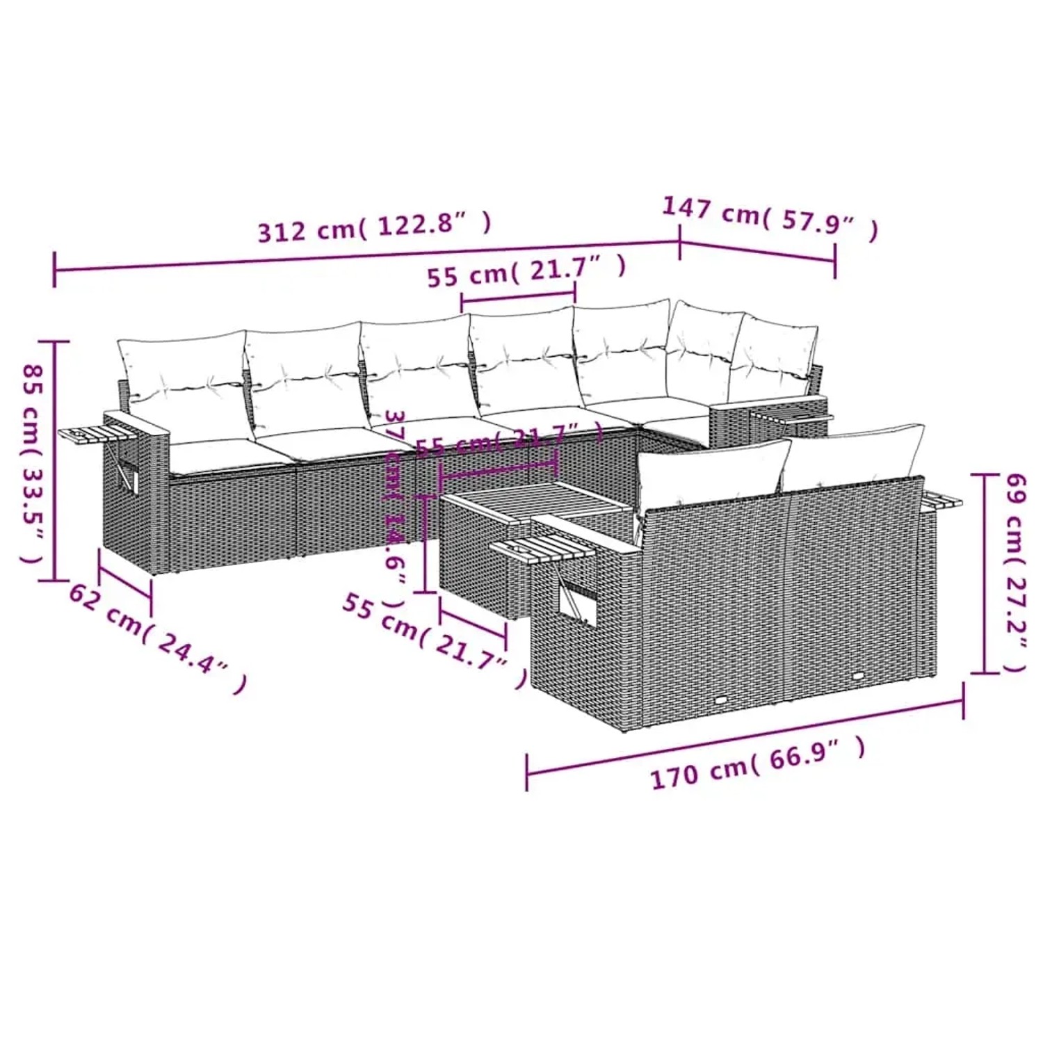 Graue 9-tlg. vidaXL Garten-Sofagarnitur aus Polyrattan mit Kissen und Tisch. Gartenmöbel für Terrasse und Garten.