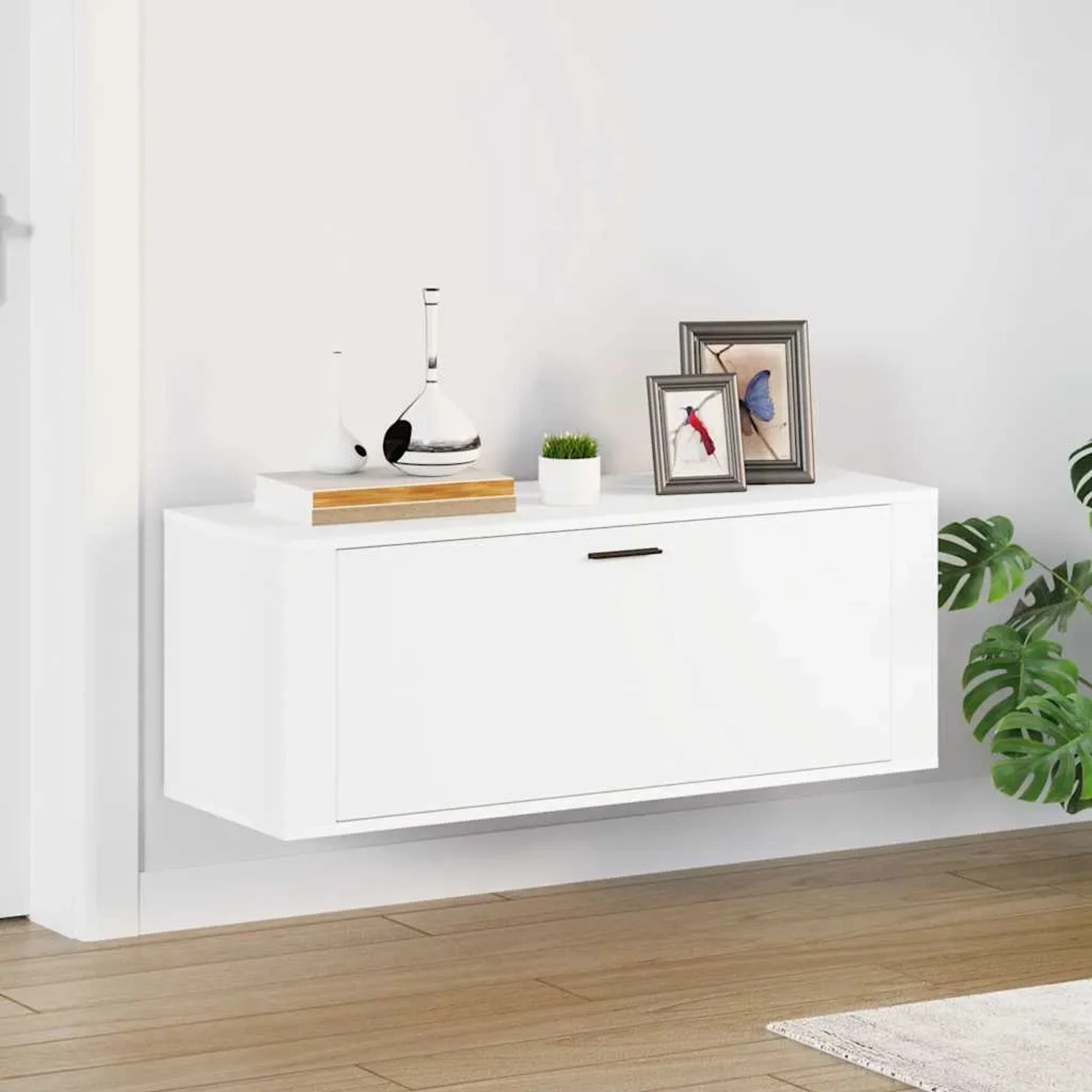 Weißer vidaXL Wand-Schuhschrank (100x35x38 cm) aus Holzwerkstoff. Schuhkommode mit Klapptür und Ablagefläche.