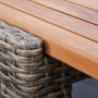 Detailansicht: Tischplatte aus Akazienholz und graues Kunststoffgeflecht des Merxx Gartenmöbelsets Imperia.