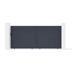 Elektrisches Schiebetor Carpatia 4M mit Antrieb Ranger C300, graues Aluminium zwischen weißen Säulen.