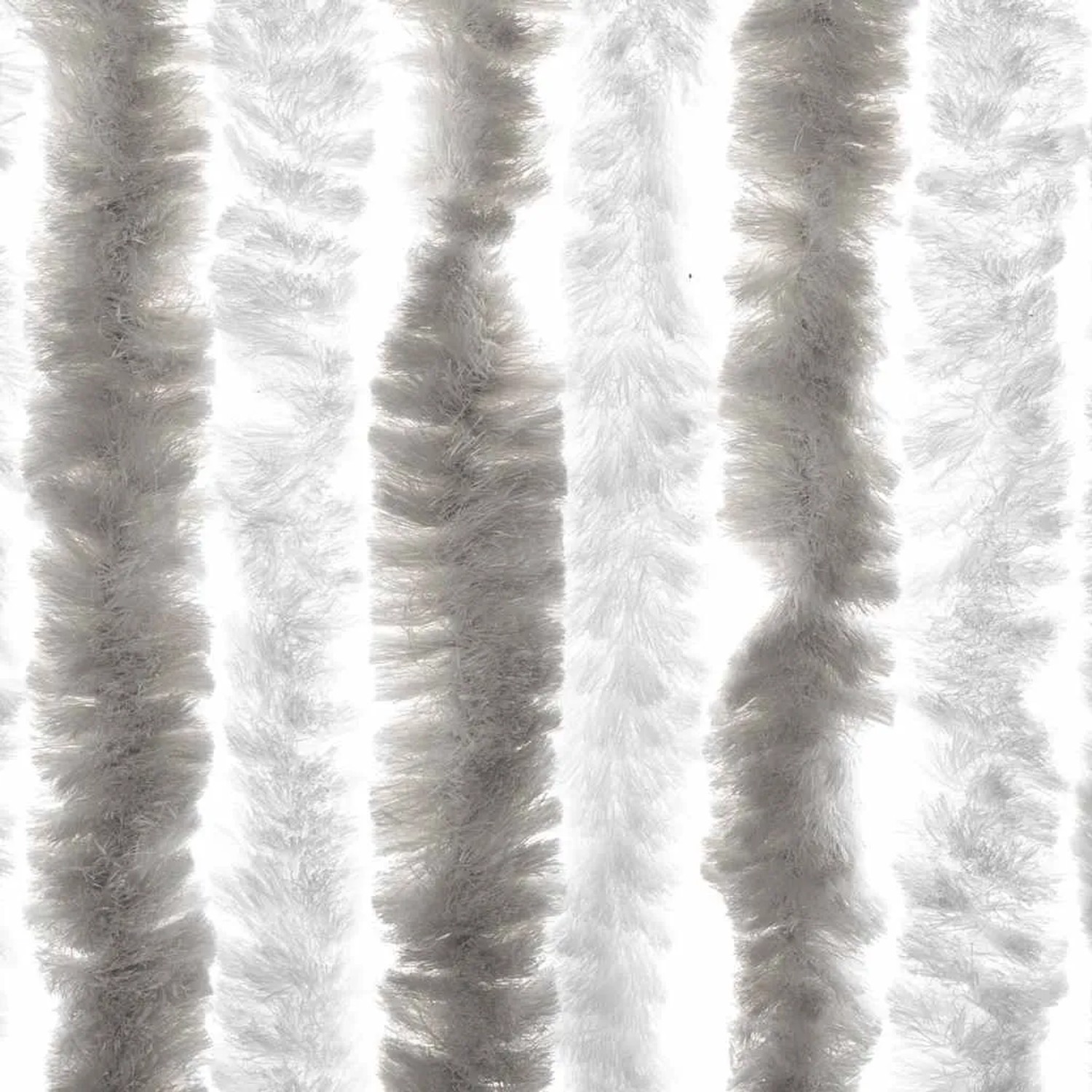 Hellgrau-weißer Chenille Fliegenvorhang mit vertikalen Streifen. Weiche, flauschige Textur für Insektenschutz.