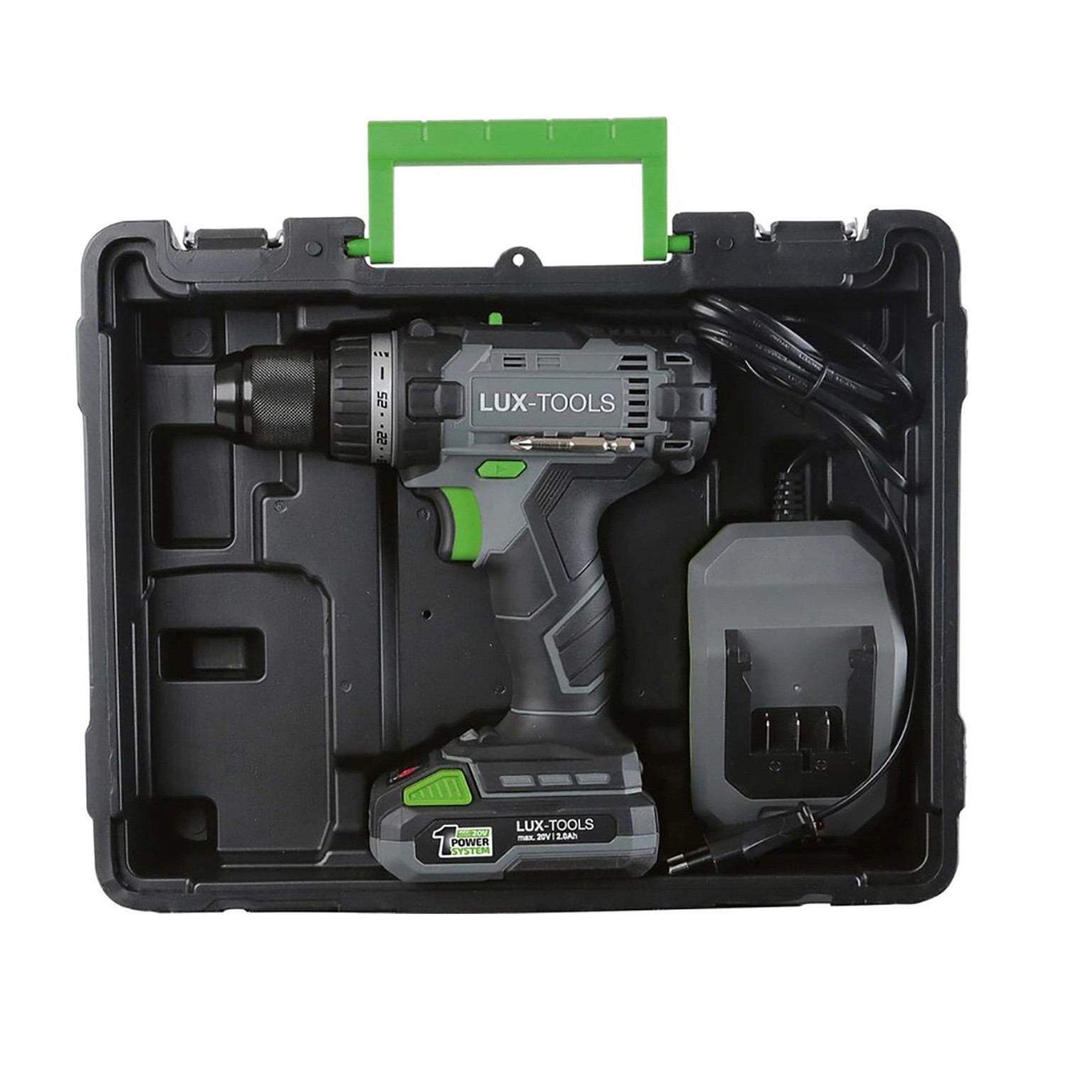 LUX 20V Akku-Bohrschrauber im Koffer mit Akku und Ladegerät. Akkuschrauber-Set für Schraub- und Bohrarbeiten.