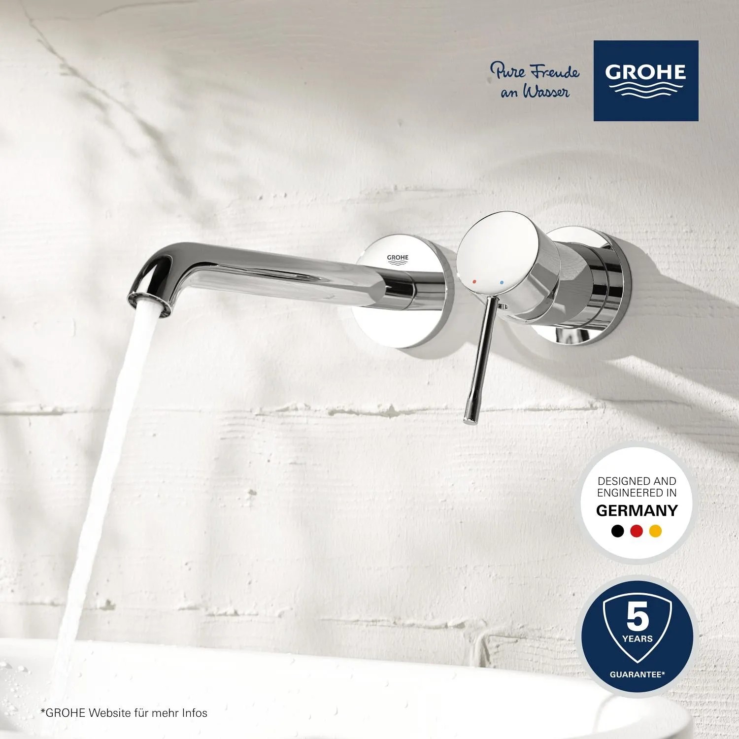 Grohe Essence 2-Loch Waschbeckenarmatur in Chrom mit Wasserfluss.