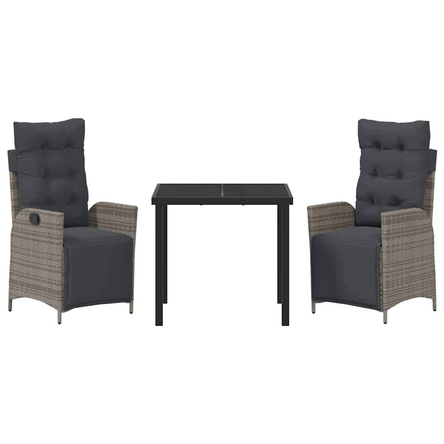 Graue 3-tlg. vidaXL Garten Essgruppe aus Poly Rattan mit Tisch und 2 Stühlen.