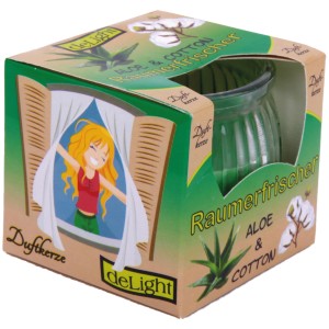 Duftkerze Aloe Cotton im Glas, verpackt in dekorativer Box mit Fenster.