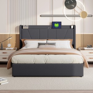 PXloue Doppelbett Bettgestell 160x200 mit USB-Ladefunktion und Stauraum Linen Grau