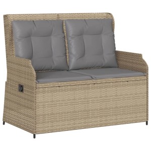 Verstellbare, beige furnicato Gartenbank aus Polyrattan mit grauen Kissen.