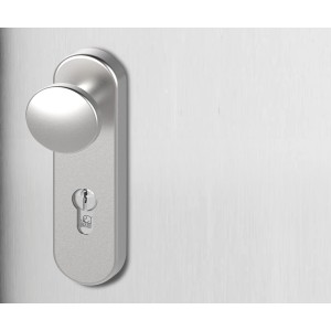 Basi Feuerschutz-Türbeschlag aus Edelstahl mit rundem Kurzschild für Feuerschutztüren.