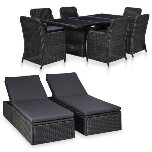 vidaXL Garten-Essgruppe, 9-teilig, Poly Rattan schwarz mit Tisch, Stühlen und Sonnenliegen.
