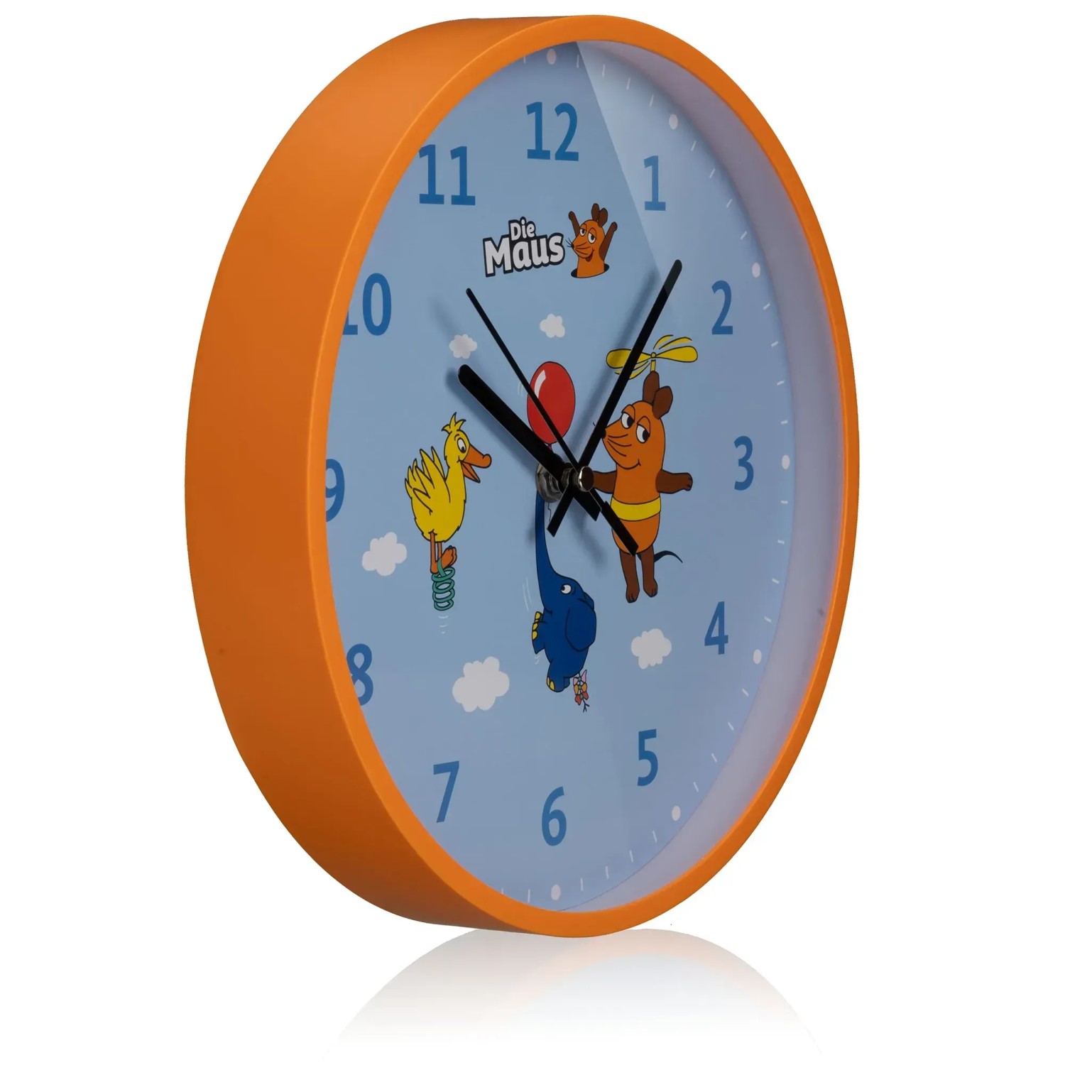 Blaue Kinderwanduhr mit Elefant-Motiv und orangefarbenem Rahmen, Ø 25 cm. DieMaus Uhr für das Kinderzimmer.