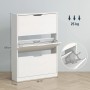Weißer HOMCOM Schuhschrank aus Spanplatte mit drei Klappfächern, teilweise geöffnet.