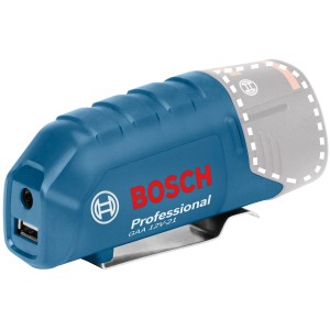 Bosch Professional GAA 12V-21 Ladegerät mit USB-Anschluss und Gürtelclip.